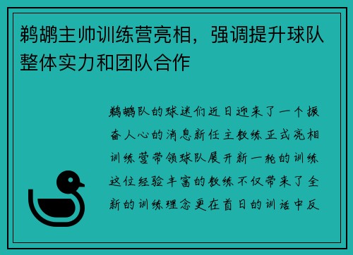 鹈鹕主帅训练营亮相，强调提升球队整体实力和团队合作