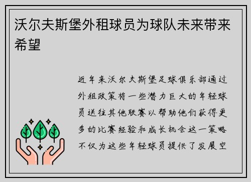 沃尔夫斯堡外租球员为球队未来带来希望