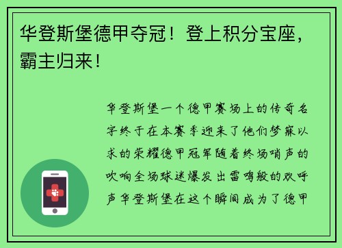 华登斯堡德甲夺冠！登上积分宝座，霸主归来！