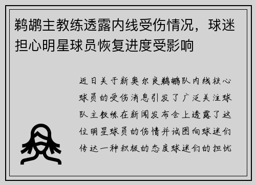 鹈鹕主教练透露内线受伤情况，球迷担心明星球员恢复进度受影响