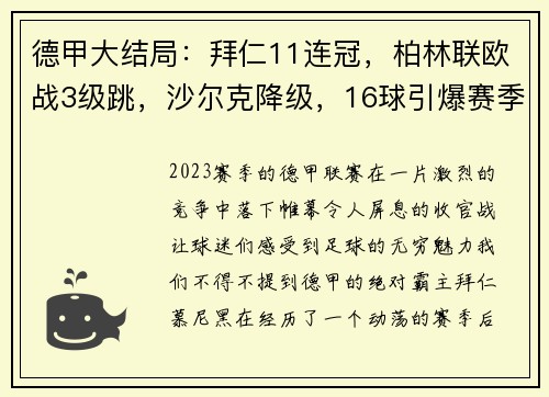 德甲大结局：拜仁11连冠，柏林联欧战3级跳，沙尔克降级，16球引爆赛季收官