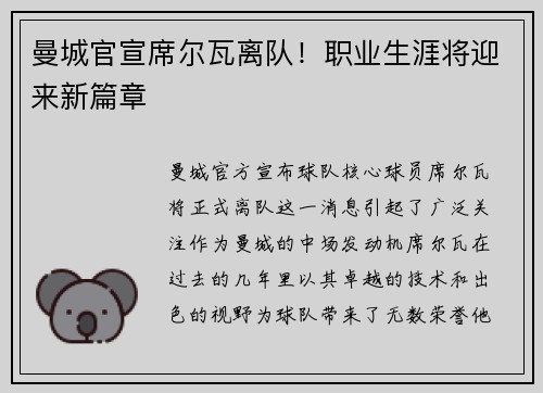 曼城官宣席尔瓦离队！职业生涯将迎来新篇章