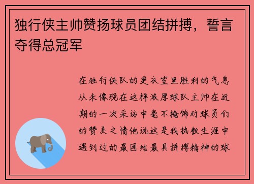 独行侠主帅赞扬球员团结拼搏，誓言夺得总冠军