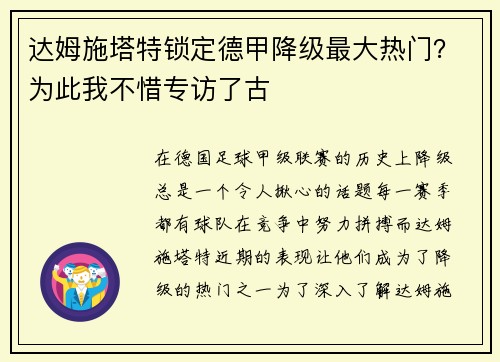 达姆施塔特锁定德甲降级最大热门？为此我不惜专访了古