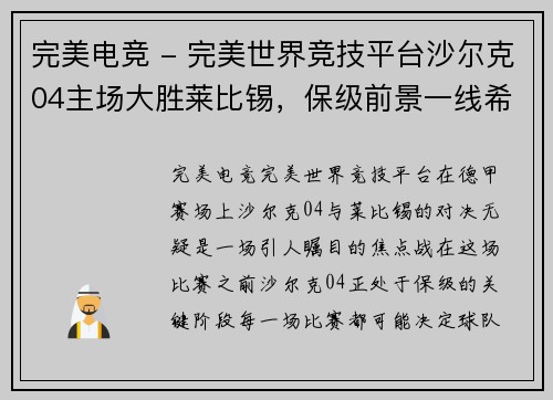 完美电竞 - 完美世界竞技平台沙尔克04主场大胜莱比锡，保级前景一线希望增大 - 副本