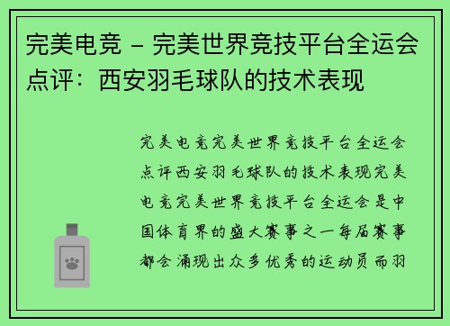 完美电竞 - 完美世界竞技平台全运会点评：西安羽毛球队的技术表现