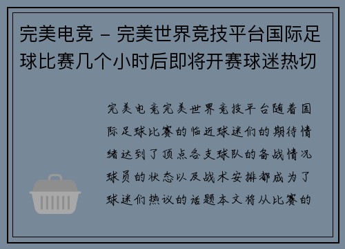完美电竞 - 完美世界竞技平台国际足球比赛几个小时后即将开赛球迷热切期待精彩对决