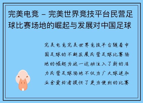 完美电竞 - 完美世界竞技平台民营足球比赛场地的崛起与发展对中国足球未来的影响分析