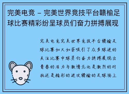 完美电竞 - 完美世界竞技平台赣榆足球比赛精彩纷呈球员们奋力拼搏展现青春风采