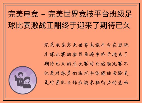 完美电竞 - 完美世界竞技平台班级足球比赛激战正酣终于迎来了期待已久的总决赛时刻