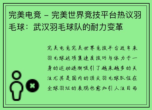 完美电竞 - 完美世界竞技平台热议羽毛球：武汉羽毛球队的耐力变革