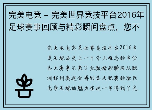 完美电竞 - 完美世界竞技平台2016年足球赛事回顾与精彩瞬间盘点，您不可错过的比赛亮点